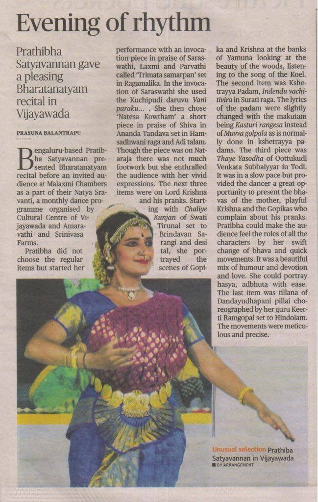 Newspaper clipping reviewing Prathibha's performance